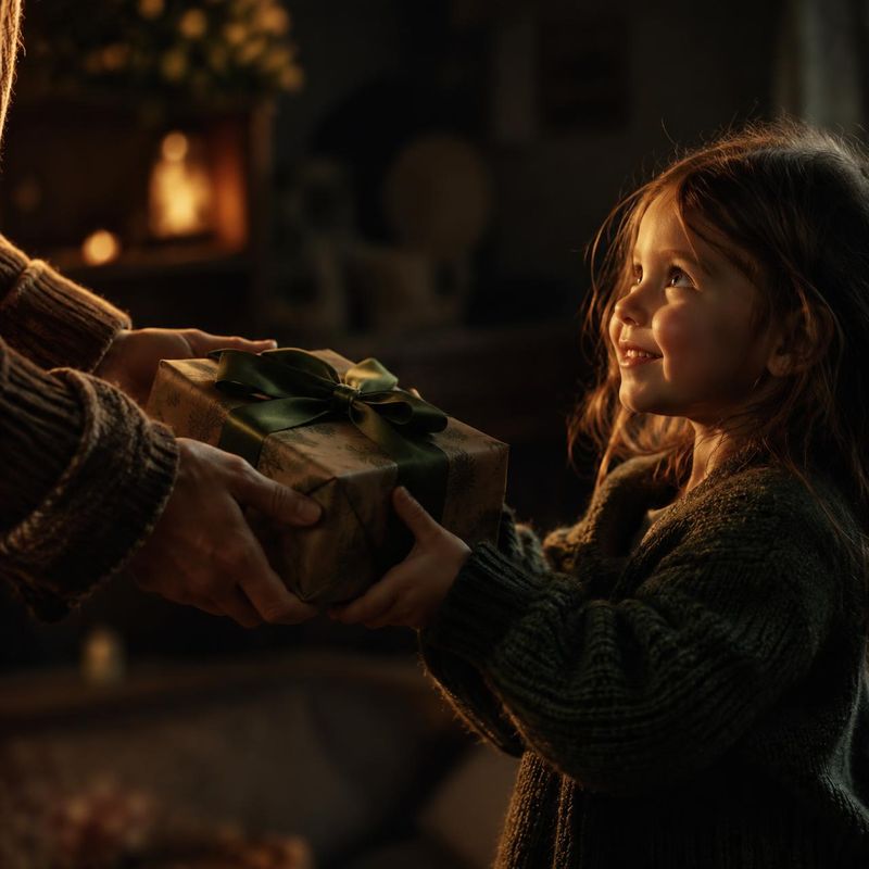 Manos entregando un regalo a una niña bajo luz cálida